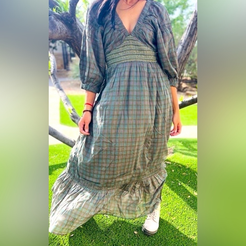 Free People Golden Hour Tiered Maxi Dress Green Plaid Extra Small
